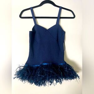 STAUD Navy Blue Feather-Trimmed Spaghetti Strap Top